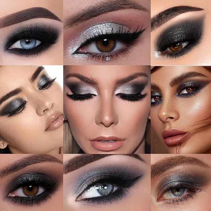 evpct 9 Colors Silver Gray Glitter Eyeshadow Palette, Black Smokey Grey and Silver White Sparkle Glitter Shimmer Shiny Eye Shadow Palette Makeup for older Women, Goth Gothic Highly Pigmented Eyeshadow