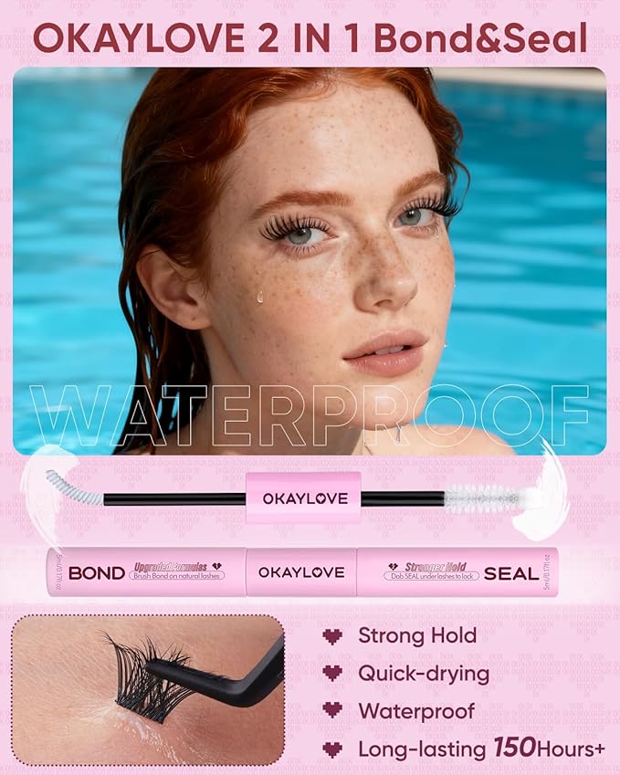 OKAYLOVE Lash Cluster Glue, Waterproof White Eyelash Extension Glue, 150H+ Strong Hold, 2-IN-1 Bond & Seal, Quick-drying, Non-Irritating
