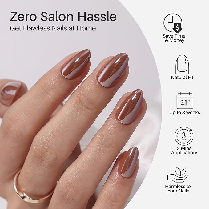 SHANGMENG Brown Press on Nails Short - Soft Gel Almond Chrome Press on Nails for Women, Glossy Glue on Nails with Glue, 16 Sizes - 32 Reusable Fake Nails Kit, Molten Mocha