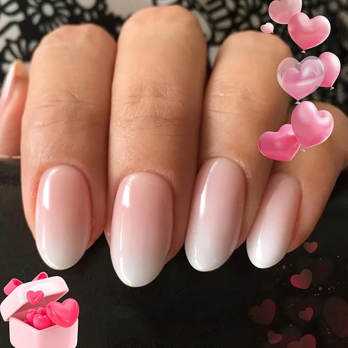 Modelones Press on Nails Short, Oval Valentines Fake Nails, Reusable Nail Kit with Nail Glue Adhesive Tabs Mini Nail File, Nails Press Ons 32Pcs 16Sizes, Women Girl Gift, Pink Ombre