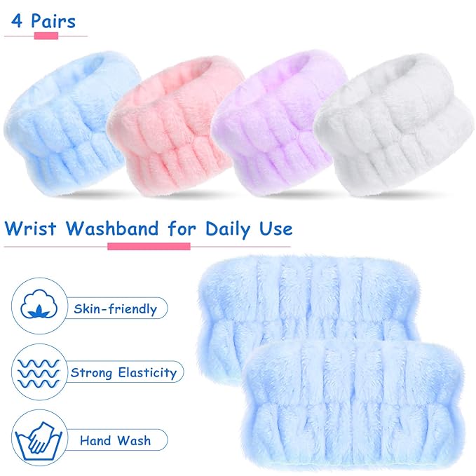 Chuangdi 4 Pairs Wrist Bands for Washing Face Wrist Spa Microfiber Wash Towel Band Scrunchies Absorbent Wristbands Sweatband for Women Prevent Liquid from Spilling(Lovely Colors)