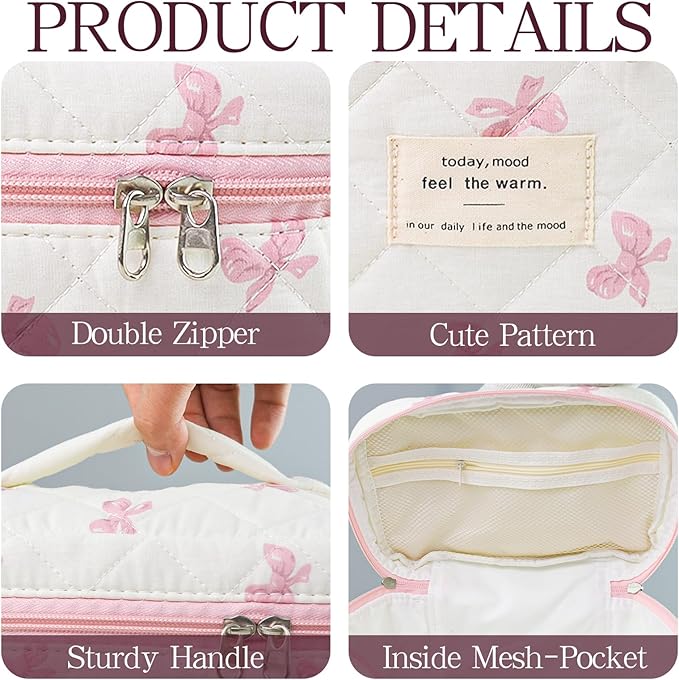 Bow Makeup Bag Organizer, Travel Makeup Bags for Women, Quilted Cosmetic Bag for Women, Large Travel Toiletry Bag, Cute Makeup Bags for Teen Girls, Cute Toiletry Bag Organizer