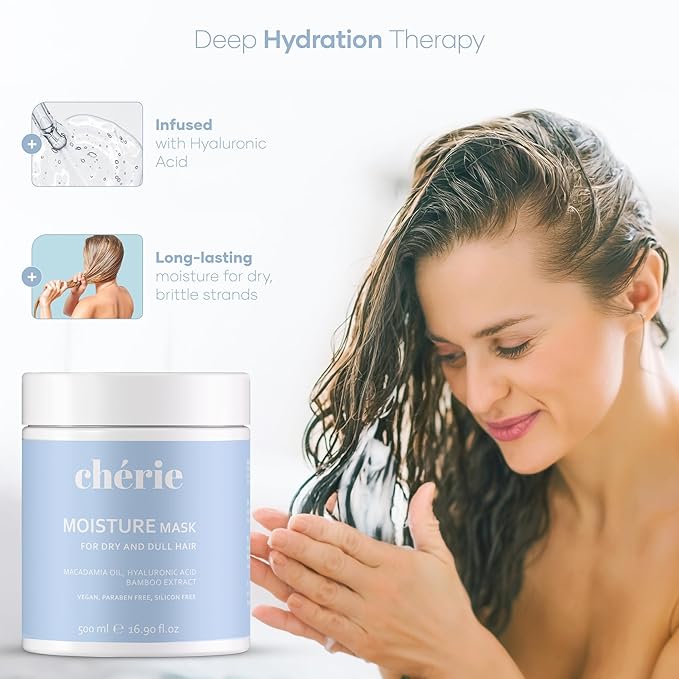 chérie Deep Conditioning Hair Mask for Curly and Straight Hair With Macadamia Oil, Hyaluronic Acid & Bamboo Extract, Hydrating for Dry Damaged, Helps Repair, Reducing Frizz & Breakage, Vegan 16.90 oz