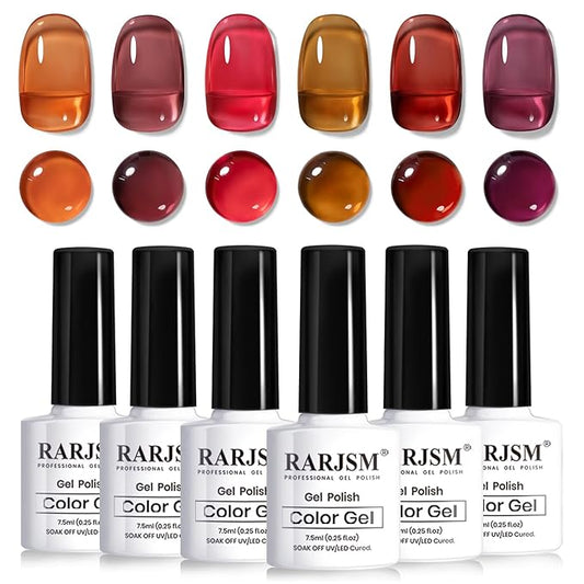 RARJSM Fall Jelly Gel Nail Polish Set 6pcs Clear Crytal Glass Orange Burgundy Red Gray Mauve Brown Series Transparent Sheer Amber Gel Varnish LED UV Curing Requires Soak off Autumn French Manicure