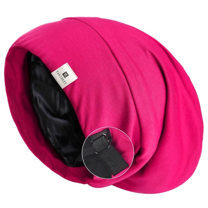 YANIBEST Silk Satin Bonnet Hair Wrap for Sleeping, Adjustable Slouchy Beanie for Women, Silk Lined for Curly Hair and Braids, Hot Pink