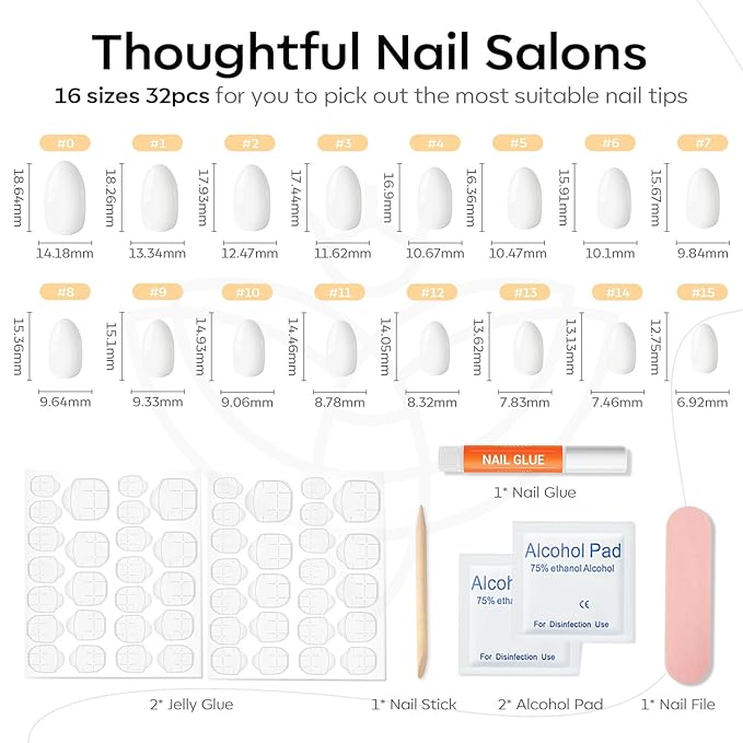 modelones Short Press on Nails, Oval Fake Nails Kit Press Ons with Nail Glue, Adhesive Tabs, Nail File, Prep Pad, Manicure Stick, 32Pcs 16 Sizes, Elegant White, Valentines