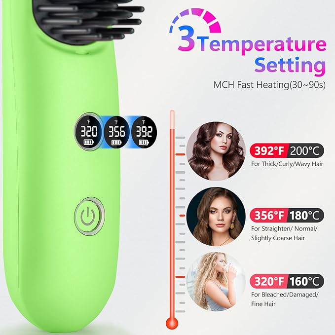 STUDLLY LCD Screen Cordless Hair Straightener Curler 2 in 1, Portable Mini Hair Straightening Brush for Travel Negative Ionic Fast Heating Hot Comb for Women, Folding Brush with Mirror, Green