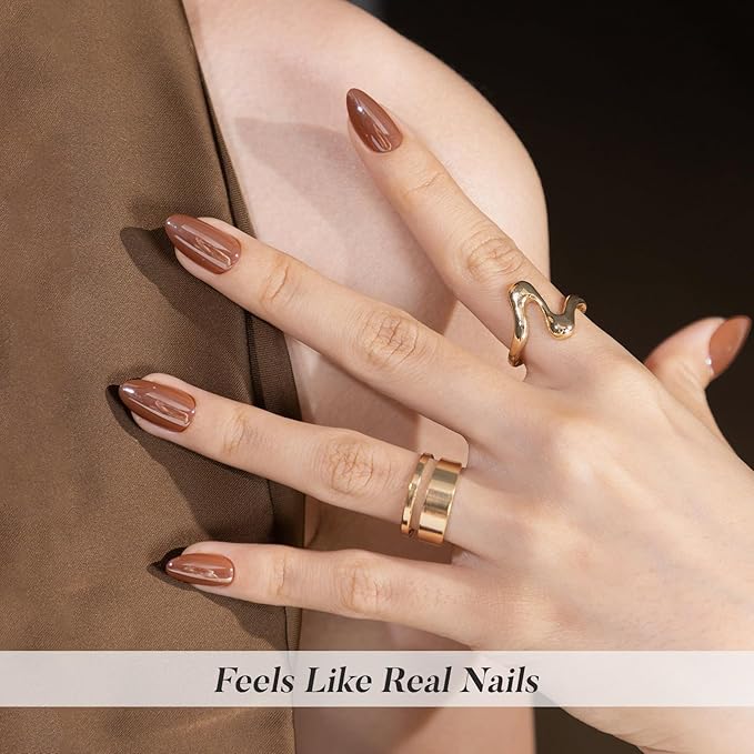 SHANGMENG Brown Press on Nails Short - Soft Gel Almond Chrome Press on Nails for Women, Glossy Glue on Nails with Glue, 16 Sizes - 32 Reusable Fake Nails Kit, Molten Mocha