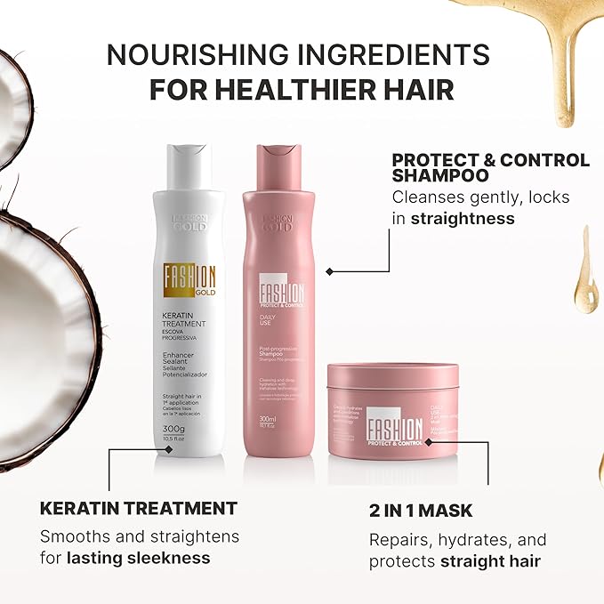 FASHION GOLD Keratin Hair Treatment Kit, KERATIN + SHAMPOO + HAIR MASK, Keratina para alisar el pelo SIN FORMOL, Hair Relaxer, Tratamiento para Cabello Seco y Maltratado, B0T0X CAPILAR