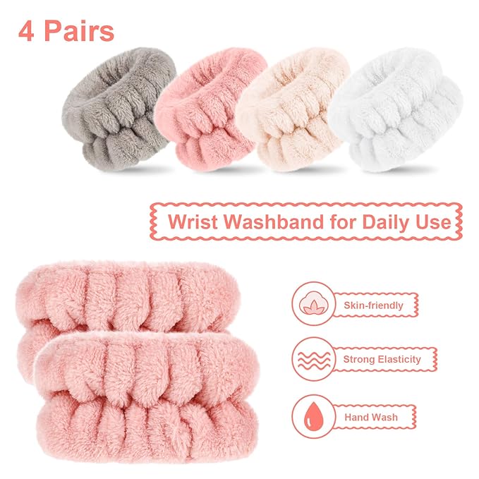 Chuangdi 4 Pairs Wrist Bands for Washing Face Wrist Spa Microfiber Wash Towel Band Scrunchies Absorbent Wristbands Sweatband for Women Prevent Liquid from Spilling(Stylish Colors)