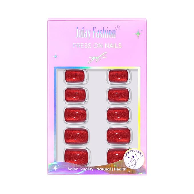 Press On Nails Short - Red Press On Nails Cat Eye Acrylic Square Red Nails with Nail Glue, Fit Perfectly Stick On Nails in 16 Sizes - 32PCS Soft Gel Kit,Crimson Fang
