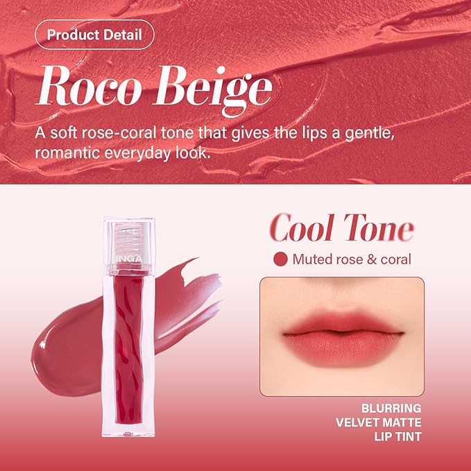 INGA Blurring Velvet Matte Lip Tint - Soft-Blur Matte Finish, Waterproof, Transfer-Proof, Long-Lasting Lip Stain, Lightweight Buildable Color with Hydrating Comfort (ROCO BEIGE)