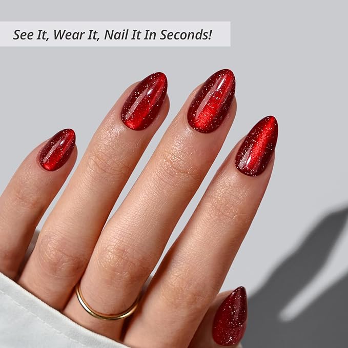 BTArtbox Press On Nails Short - New Red, Sparkle Deep Red Almond Valentines Press On Nails with Glue and Adhesive Tabs for Women in 16 Sizes - 32 Soft Gel Glue On Nails Kit