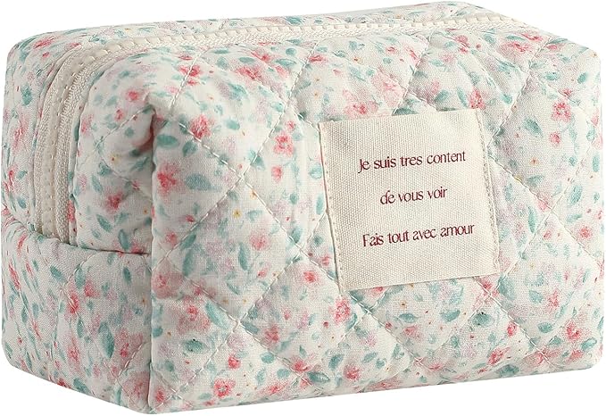 uekeboag Small Cute Floral Quilted Cotton Makeup Bag,Mini Coquette Quilted Cosmetic Pouch with Zipper,Kawaii Travel Toiletry Bags for Purse(03 Little Pink flower)
