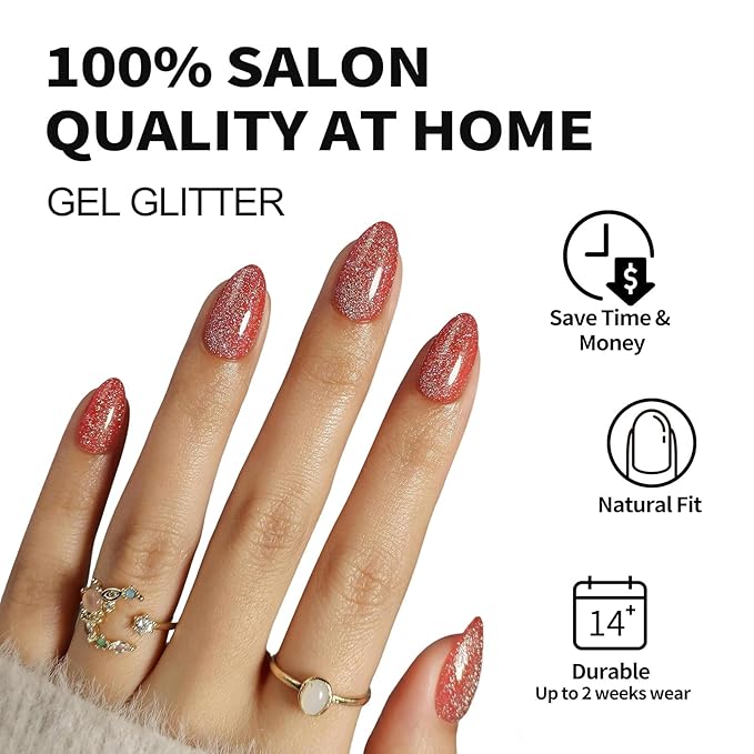SHANGMENG Glitter Red Press on Nails Almond with Sparkling Diamond - Soft Gel Fake Nails Short with Glue, Glossy Glue On Nails for Women Gift in 16 Sizes - 32 Reusable Nails, Starlight Red Orange