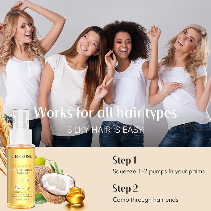 GREEONIL Olive Oil Serum for Frizz Control, Hair Repair Serum,24K Gold Argan Oil Coconut Oil Olive Oil and Vitamin E for Split Ends Hair Treatment, Add Shine, 3 Pack