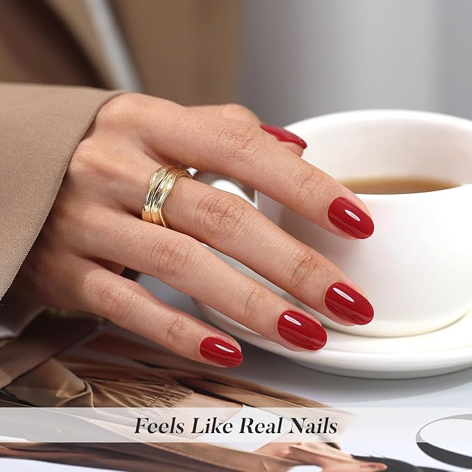 SHANGMENG Red Press on Nails Oval for Women Gift - Soft Gel Valentines Press on Nails Short with Glue, Fit Perfectly & Natural Glue on Nails in 16 Sizes - 32 Reusable Fake Nails, Cherry Red