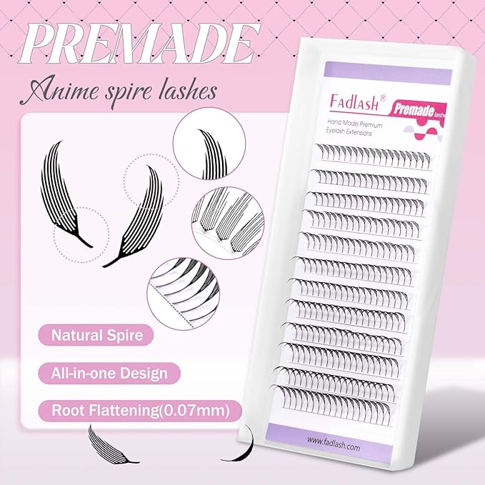 FADLASH Premade Anime Lashes Premade Spire Anime Lash Extensions 0.07 D Curl Volume Premade Lash Fans Manga Lashes Natural Look for Salon Use (0.07-D, 8-14mm)