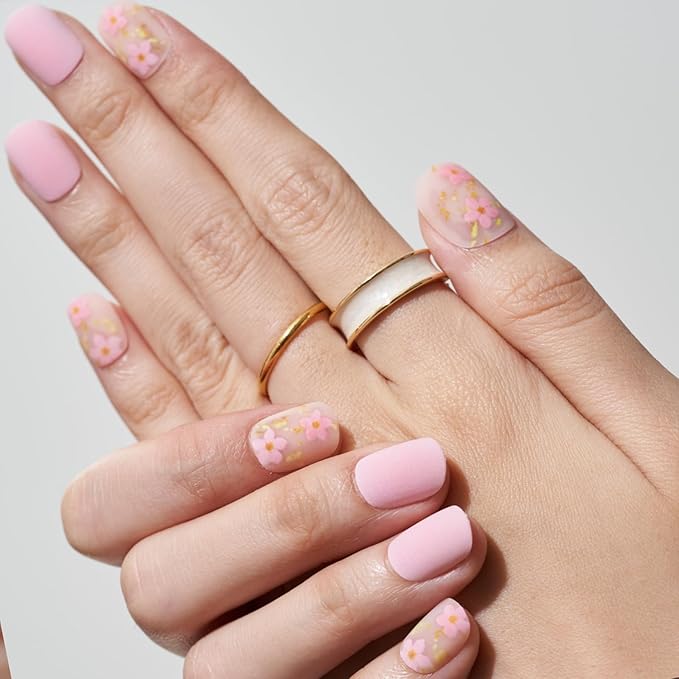 GLAMERMAID Light Pink Extra Short Press on Nails, Spring Summer Floral Fake Nails Short Squoval with Sakura Design, Matte Square Glue on Nails, Acrylic False Nails, Glossy Round Fake Nails for Women