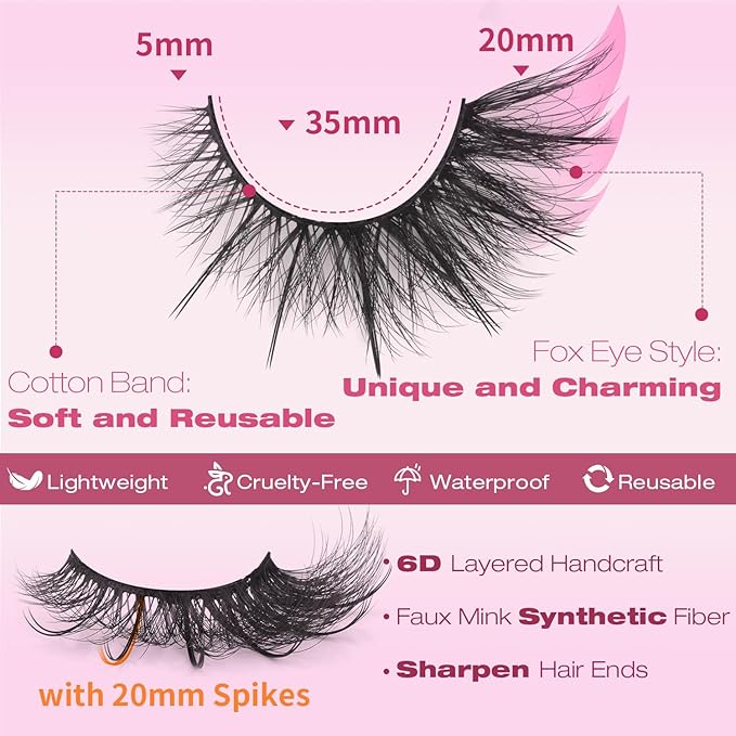 Fox Eye Lashes Wispy Faux Mink Lashes Volume Fairy Cat Eye Lashes That Look Like Extensions Spiky Fake Eyelashes 20mm Long Lash with Spikes