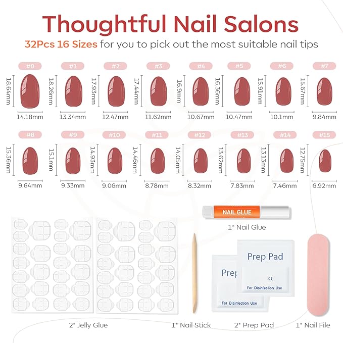 modelones Pink Short Press on Nails, Valentines Oval Fake Nails Kit Press Ons with Nail Glue, Adhesive Tabs, Nail File, Prep Pad, Manicure Stick, 32Pcs 16 Sizes