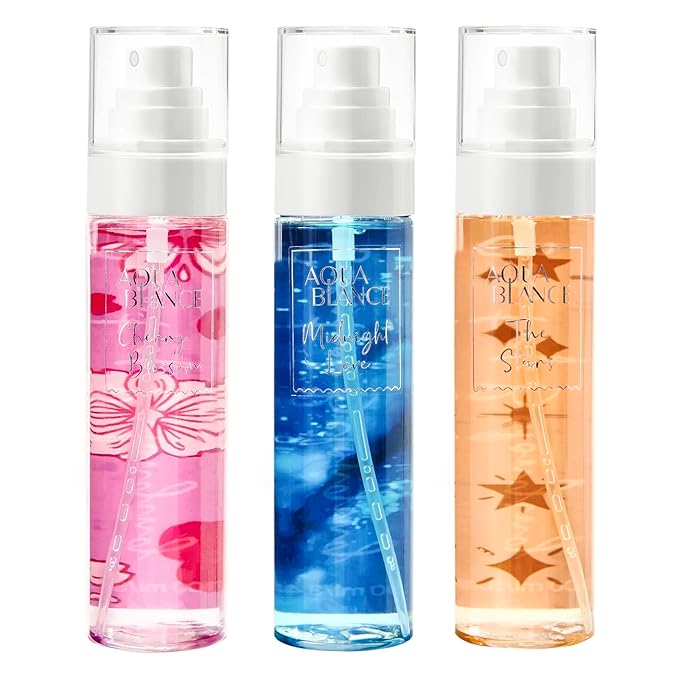 AQUA BLANCE Body Spray for Women, Fragrance Mist Gift Set, Pack of 3, Each 3.4 Fl Oz, Total 10.2 Fl Oz, Cherry Blossoms, Stars, Night