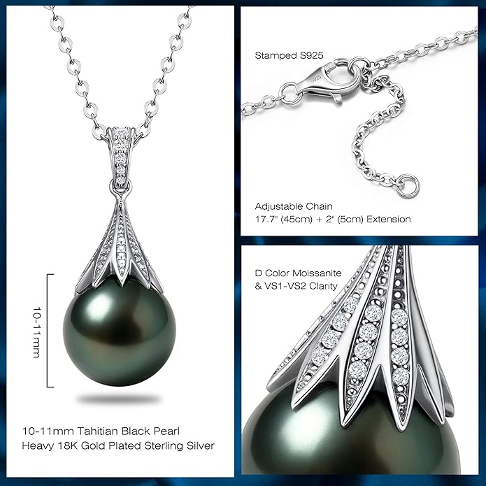 Genuine Tahitian Black Pearl Necklace for Women, 9-13mm AAAA Seawater Pearl - Sterling Silver Moissanite Pendant, Wedding Anniversary, Birthday, Christmas Gift for Wife, Mom, Girlfriend, Fine Jewelry
