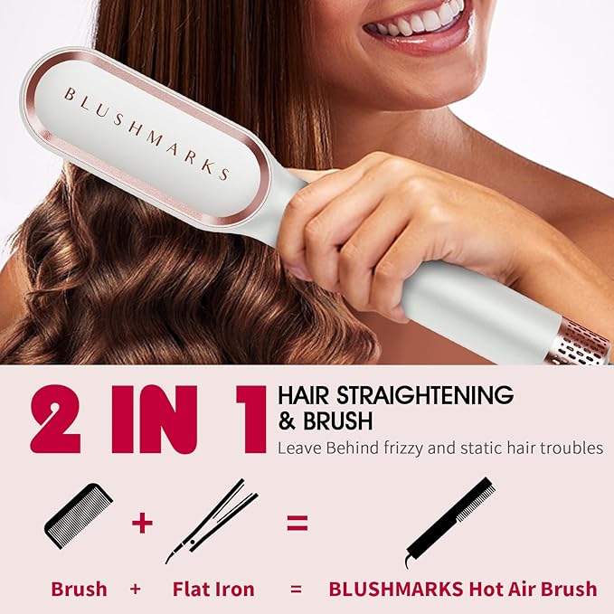 BLUSHMARKS Hair Straightening Brush, Upgraded Negative Ionic Straightener Comb and Blow Dryer 2 in 1 for Women and Girl, 3 Optional Mode, Hot Air & Cold Air and Straighten & Curl Hair, Idea Gift