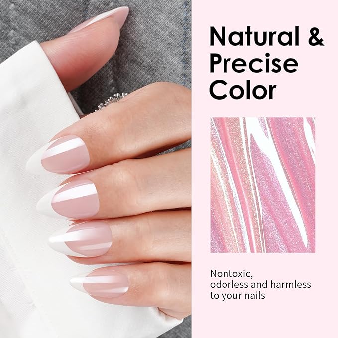 Canvalite French Tip Press On Nails Short, Chrome Almond Press on Nails Reusable Acrylic Fake Nails with Glue & Glue Remover Easy to Use 30Pcs Manicure Kit for Women, Natural White