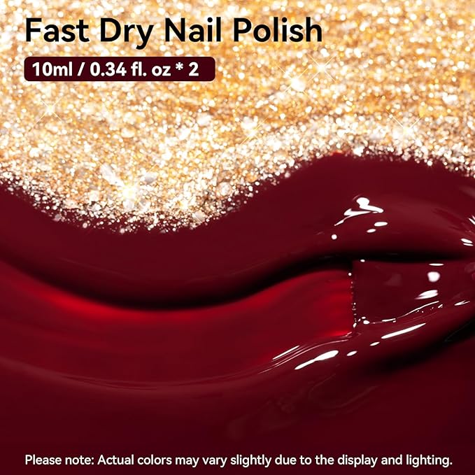 Nailshion Deep Red Wine Nail Polish Set, Burgundy Fast Air Dry Fall Winter Nail Polish Duo, Opaque Dark Red, Non-Gel, Crème, Toxic-free Long Lasting Glossy Nails Art for Home DIY Manicure Gift