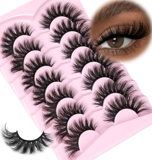 Kiromiro Mink Lashes Fluffy False Eyelashes 18mm Long Fake Lashes Thick Cat Eye Eyelashes 3D Volume Lash Strips Faux Mink Eyelashes Pack, 7 Pairs