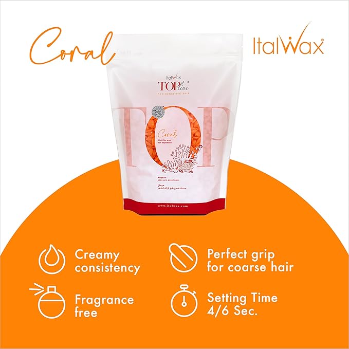 Italwax Top Line Coral Hard Wax 1.65lb (750g) – Creamy Intense Orange Texture with Strong Grip, Ideal for Bikini & Coarse Hair, Smooth Application for Sensitive Skin – Made in Italy