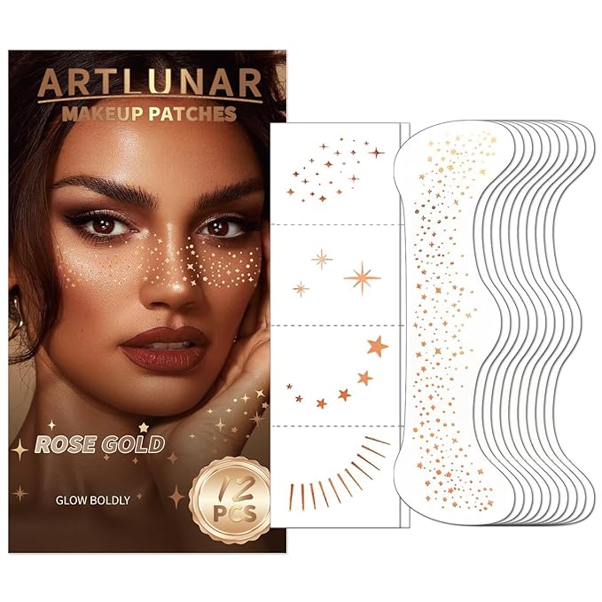 Artlunar 12Pcs Valentine's Mardi Gras Rose Gold Sparkle Makeup Patches - Body Glitter Stickers for Face and Body, Perfect for Festivals Parties (Rose Gold), Gifts for Women and Girls.
