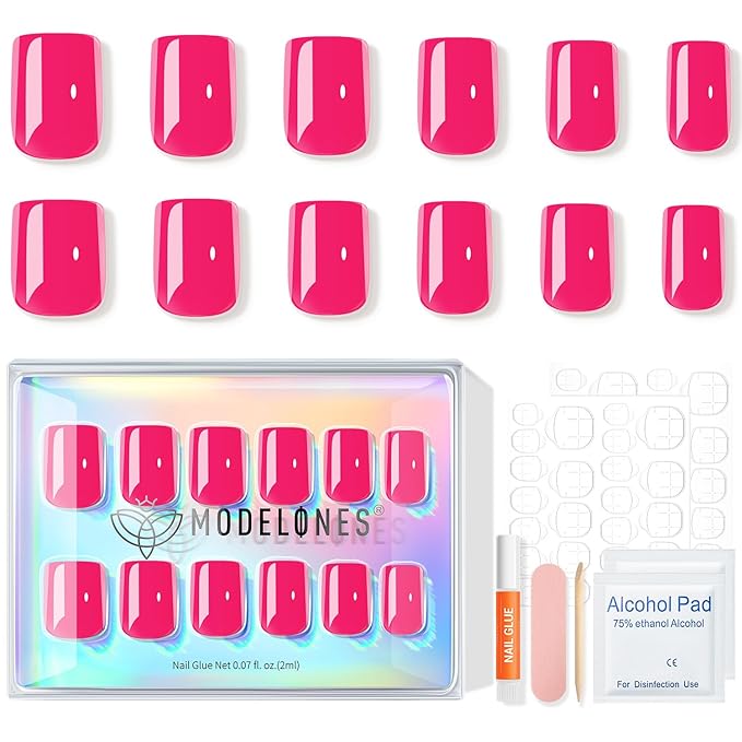 Modelones Press on Nails Short, Square Valentines Fake Nails, Reusable Nail Kit with Nail Glue Adhesive Tabs Mini Nail File, Nails Press Ons 32Pcs 16Sizes, Women Girl Gift, Chrome Pink