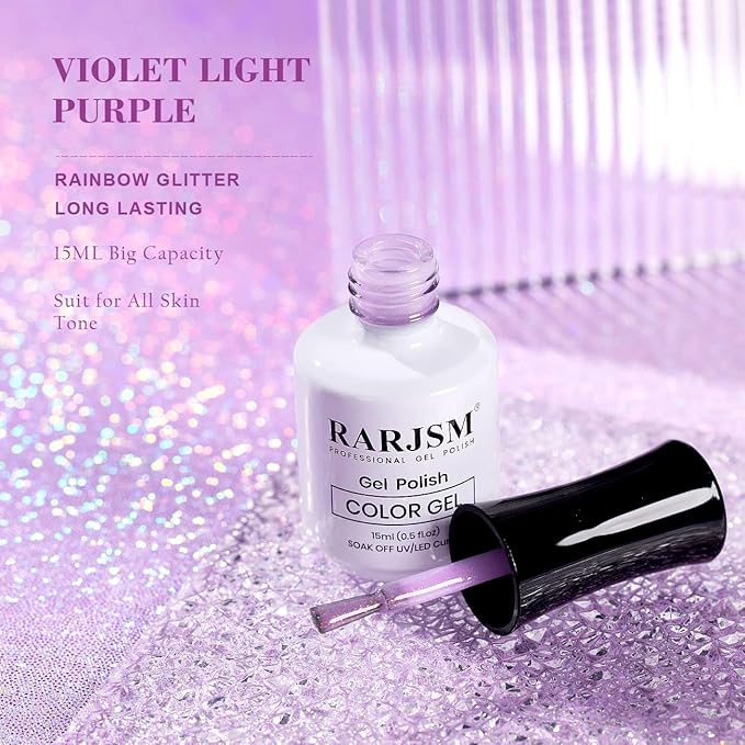 RARJSM Shimmer Glitter Gel Nail Polish Light Purple Chunky Sparkle Holographic Rainbow Iridescent Nude Jelly Gel Polish Lavender Single Bottle Soak off UV LED Cured for Home Salon Manicure 15ML