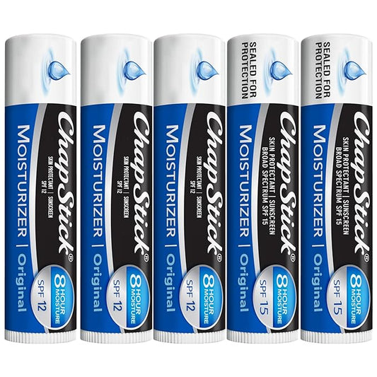 ChapStick Moisturizer 2-in-1 Lipcare 5-Pack (SPF 12 & 15) – Original Lip Balm with Broad Spectrum SPF, Aloe & Vitamin E, 0.15 Oz Ea