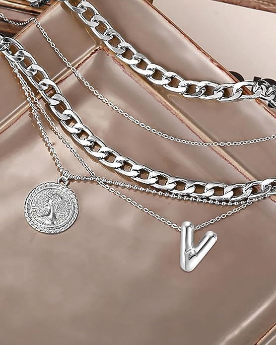 MJartoria Layered Necklaces for Women Trendy Balloon Initial Coin Pendant Necklace Dainty Chunky Chain Choker Necklaces Jewelry Birthday Gifts