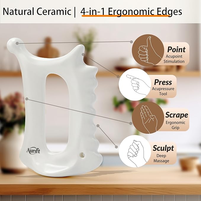 Aurift Ceramic 6‑in‑1 Gua Sha Tool for Face & Body, Jawline Sculpting, Double Chin Reduction, Lymphatic Drainage, Trigger Point Manual Massage Tool, Self-Care Gift Box for Women, White