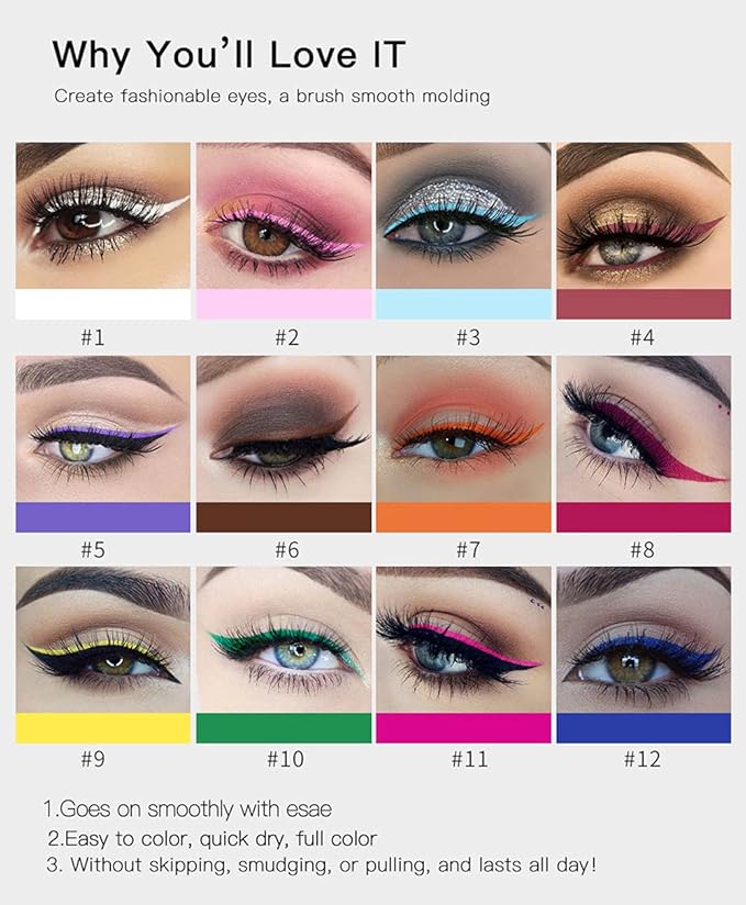 BestLand 12 Colors Matte Liquid Eyeliner Set Rainbow Colorful Neon Eyeliner Pencil Pigmented Waterproof Smudgeproof Long Lasting Gel Eye Liner Christmas Makeup Gift Kit for Women (Set A)