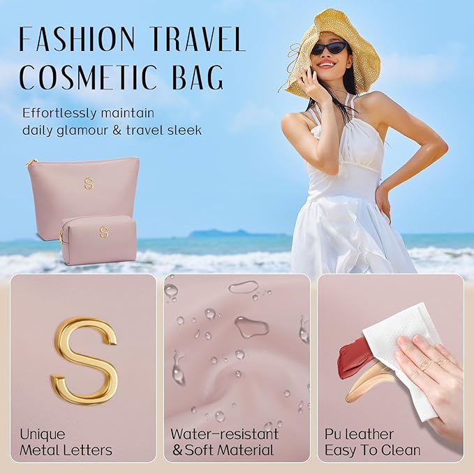 Valentine's Day Gifts for Women Girlfriend Initial Makeup Bag for Teen Girls Personalized Gifts for Friend Teacher Mom Wife Cosmetic Travel Toiletry Bag(Pink,S)
