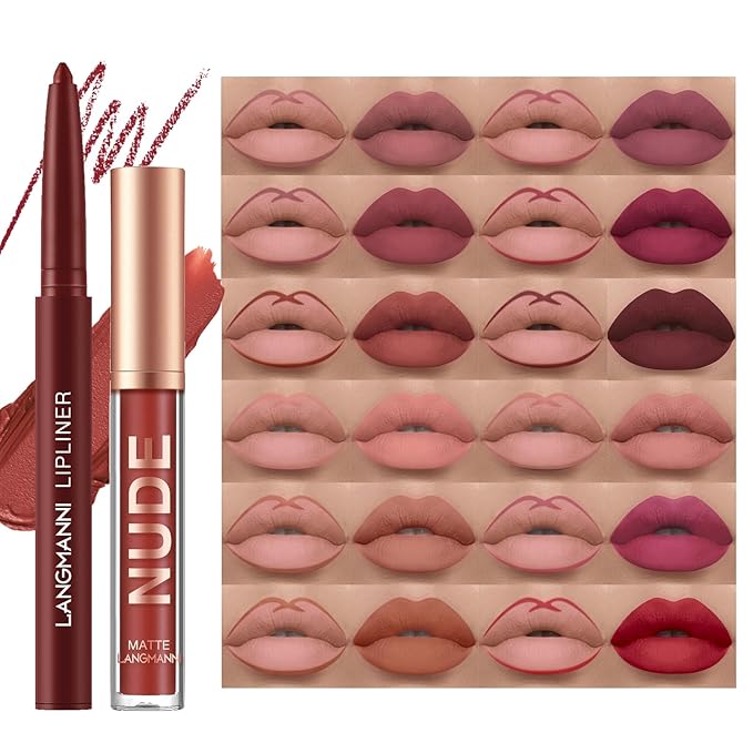 Jolilab 8Pcs Matte Lip Liner + Liquid Lipstick Set, One Step Velvety Nude Lip Stain Waterproof Long Wear High Pigment Lip Makeup Gift Set(#09+10+11+12)