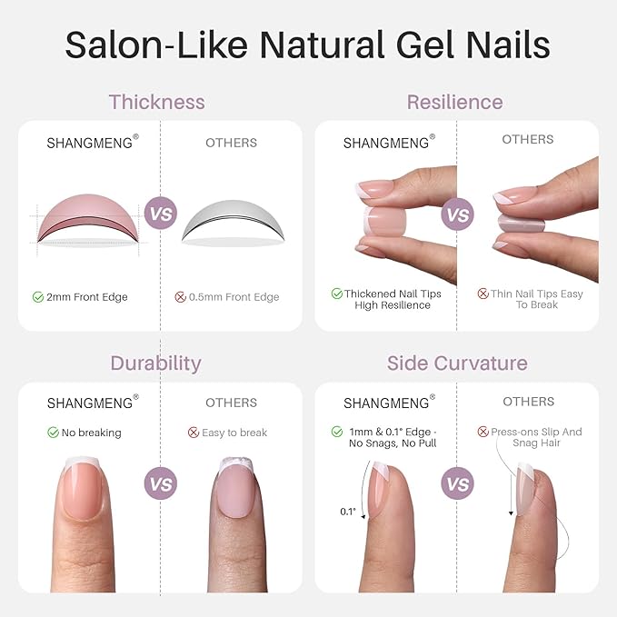 SHANGMENG Nude Chrome Press on Nails Square - Soft Gel Short Press on Nails for Women Gift, Fit Perfectly & Natural Glue on Nails in16 Sizes - 32 Reusable Fake Nails with Glue, Aurora Nude