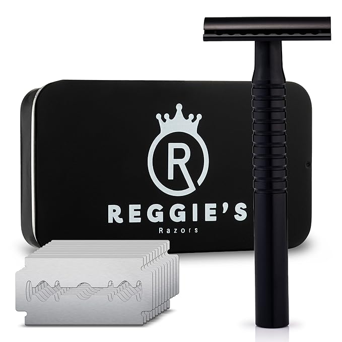 Reggie’s Razors Jupiter Aluminum Safety Razor for Men - Double Edge Shaving Razor, CNC-Machined - Made in UK - Aerospace Grade, Textured Grip, Suitable All Skin Types - Includes 10 Blades – Black