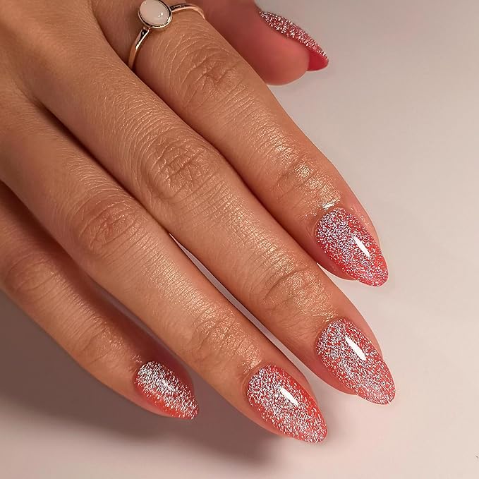 SHANGMENG Glitter Red Press on Nails Almond with Sparkling Diamond - Soft Gel Fake Nails Short with Glue, Glossy Glue On Nails for Women Gift in 16 Sizes - 32 Reusable Nails, Starlight Red Orange