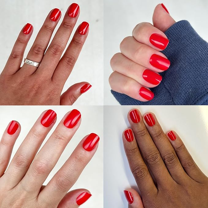 Olive & June Instant Mani Press On Nails (Glue) | Cherry Red | Short, Squoval | 42 Fake Nails, 21 Sizes | Non-Toxic, Long-Lasting | Recycled Materials | Realistic Look | CV