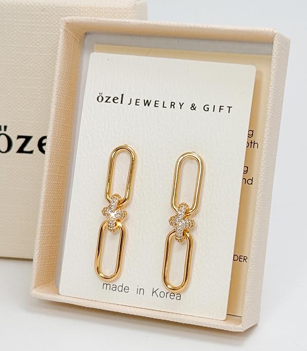 OZEL 14K Gold & Silver Plated Paperclip Chain Earrings with Cubic Zirconia – Dangle, Hoop, Huggie, Stud Styles – Women’s Fashion Jewelry Gift
