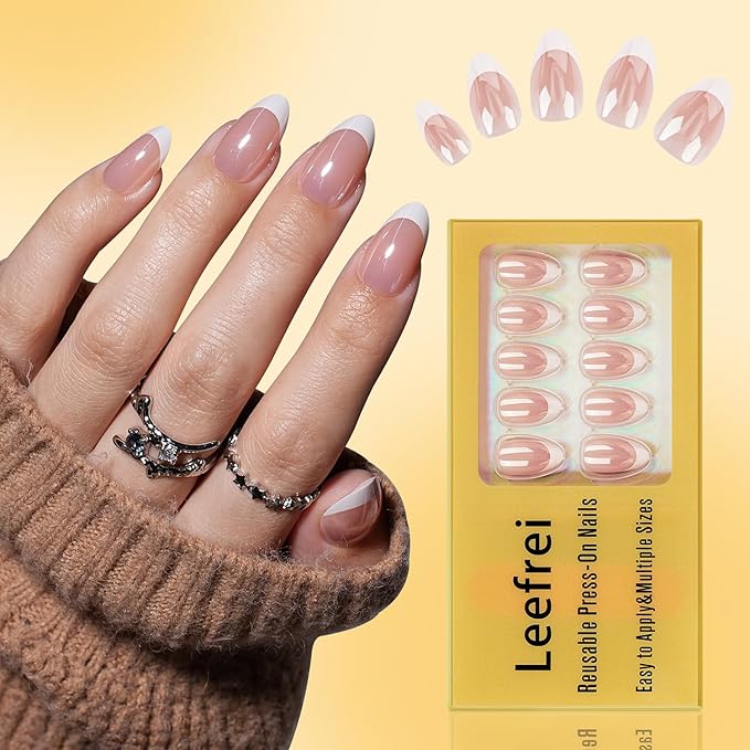 Leefrei French Tip Press on Nails - White Short Almond Press on Nail, Laser Fake Nails Reusable Nails Press ons for Women, 32 Pieces in 16 Sizes False Nails Kit with Glue, Silva Blanc