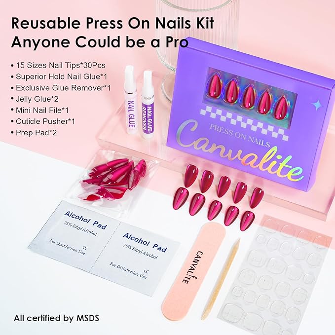 Canvalite Short Almond Press On Nails, 30Pcs Cat Eye Press on Nails Reusable Acrylic Fake Nails with Glue & Glue Remover Easy to Use Manicure Kit for Women, Rose Red
