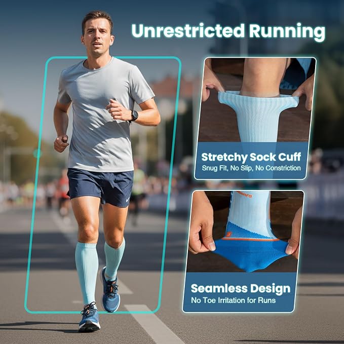 Rahhint Coolmax 20-30 mmHg Compression Running Socks, Long Distance Anti Blister Cushion Moisture Wicking Tall Athletic Socks