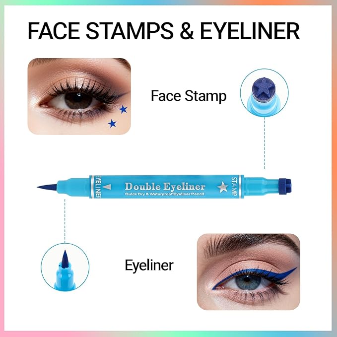 Erinde 4PCS Liquid Eyeliner Stamp Set, Double-Ended Colored Winged Eyeliner Pens with Face Stamps, Blue Star, Pink Heart, Orange Moon, Green Butterfly Waterproof Winged Eye Liner, Cosplay Eye Makeup